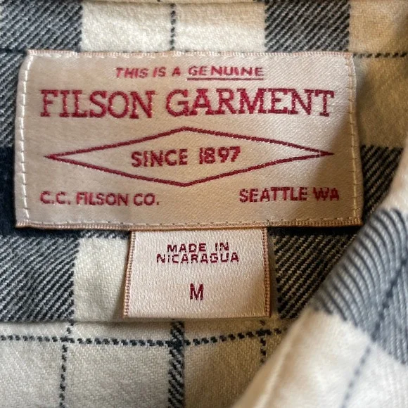 Filson Alaskan Guide Sz Medium Buffalo Check Flannel Shirt Cream Black Cotton